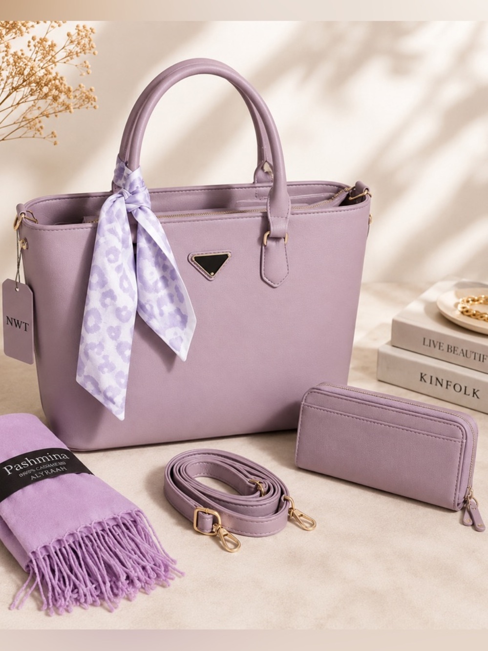 Lavender Tote Bag Set NWT Scarf Wallet Crossbody Strap Faux Leather Purse